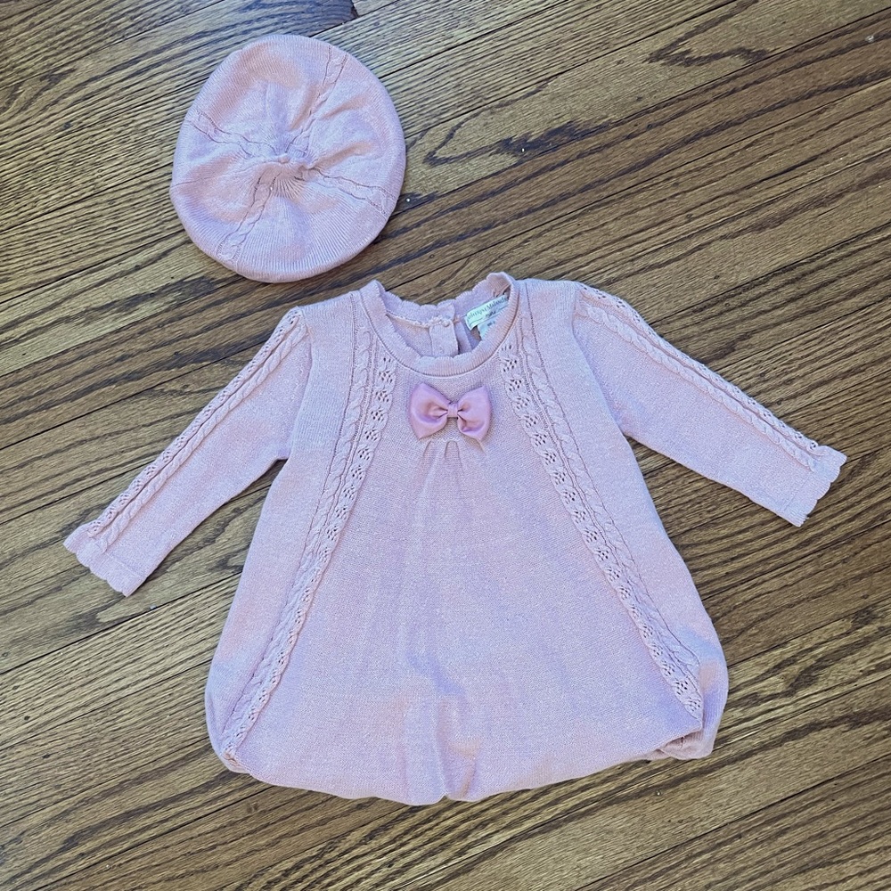 Beautiful Mauve Knit Baby Dress with Beret